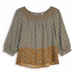 Fever Embroidered Etruscan Trellis printed Boatneck Peasant Blouse Navy/Yellow L